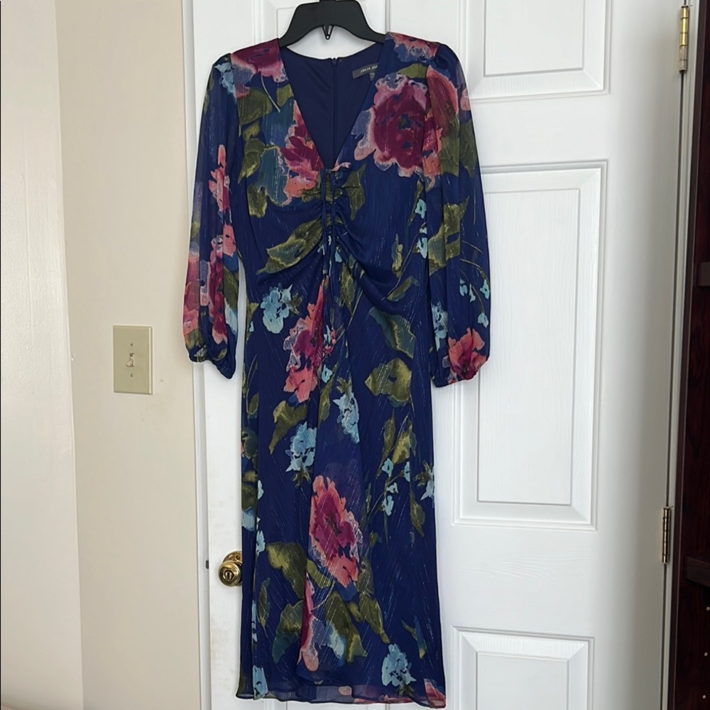 Bold Floral A-line Dress with V-Neck and Bishop Sleeves Midi Length SZ 8